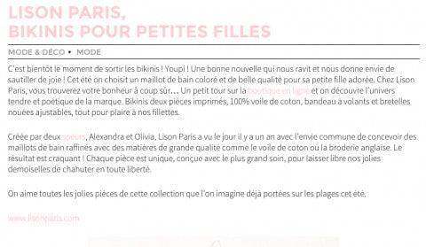 Parution presse dans Kids magazine - Lison Paris