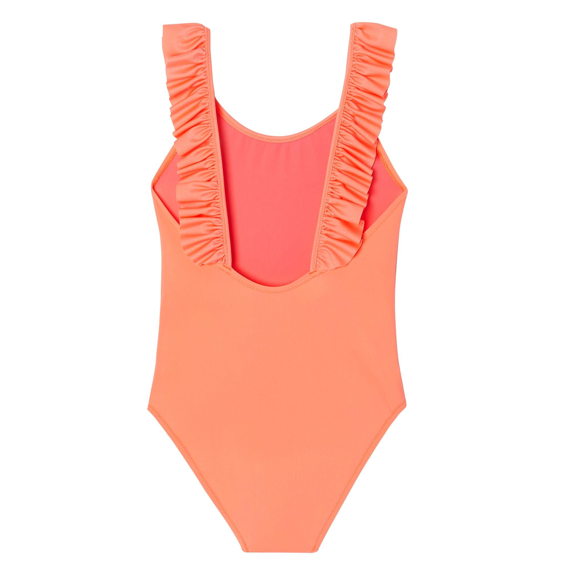 Maillot de bain une pièce fille anti UV à volants, corail fluo| BORA BORA 1P