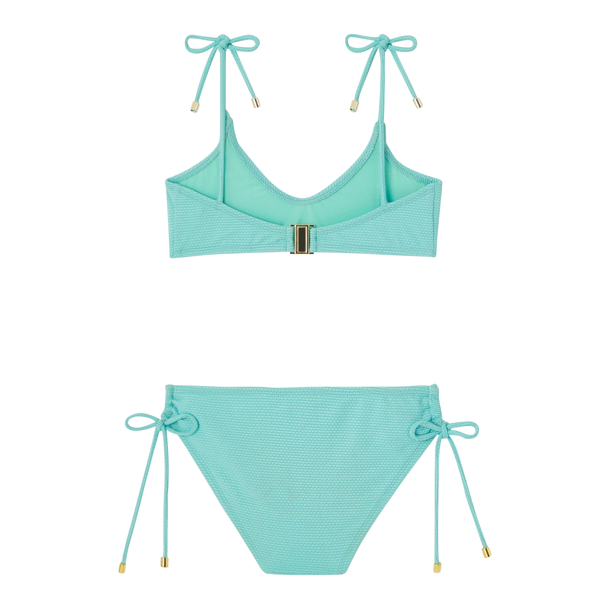 Maillot de bain deux pièces fille, tissu piqué aqua / or | BAHAMAS 2P