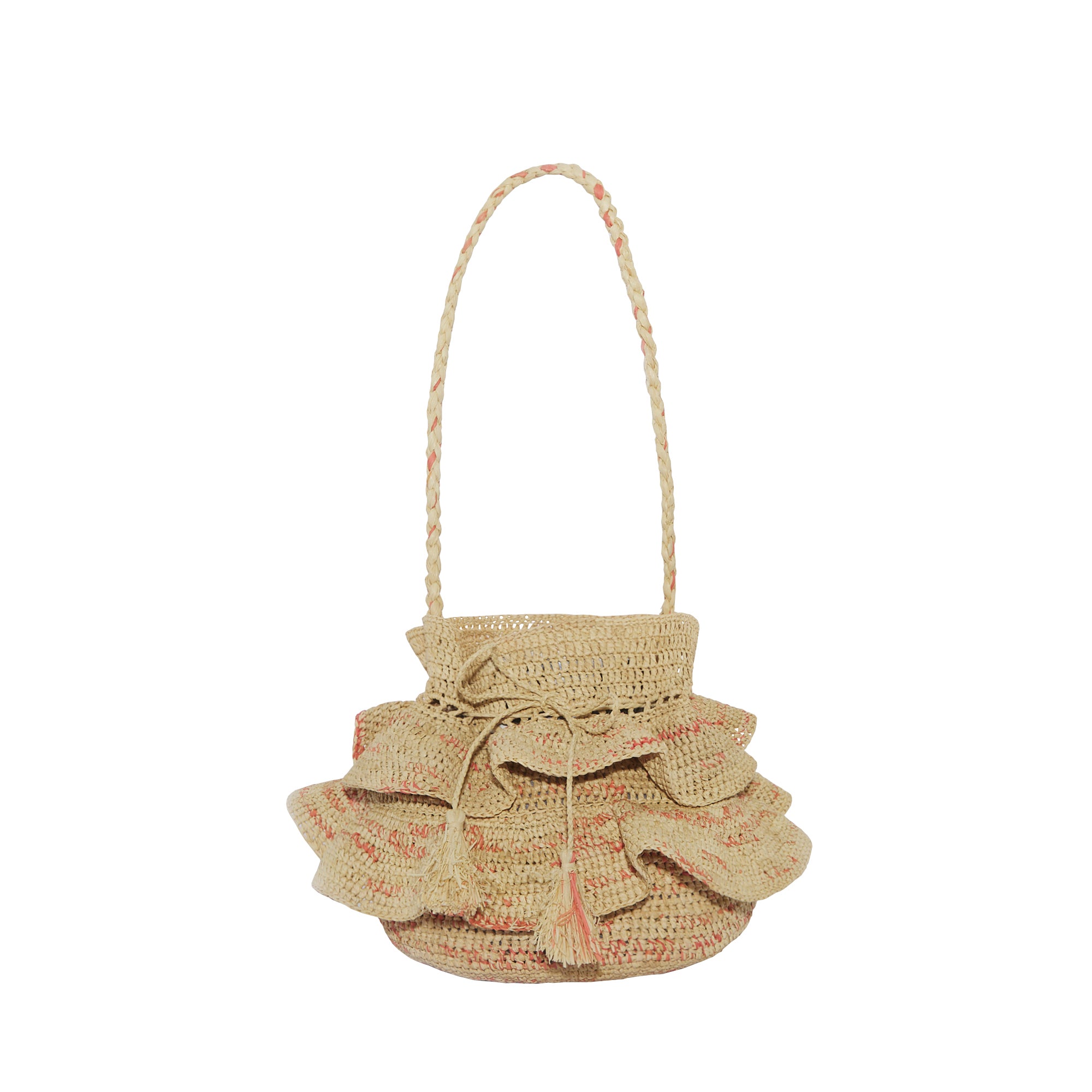 Women's bag with ruffles, raffia