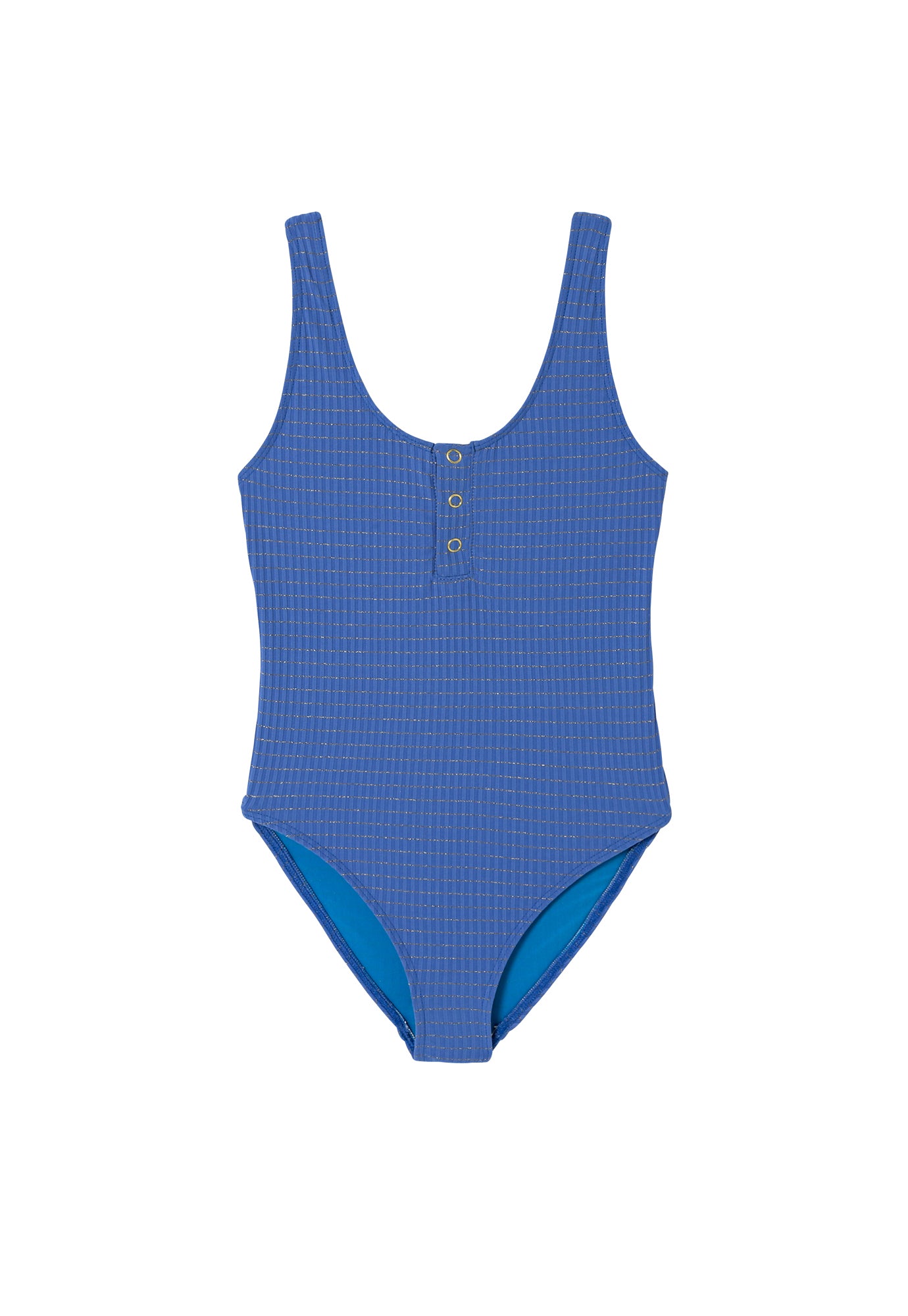 One-piece swimsuit, blue with gold stripes