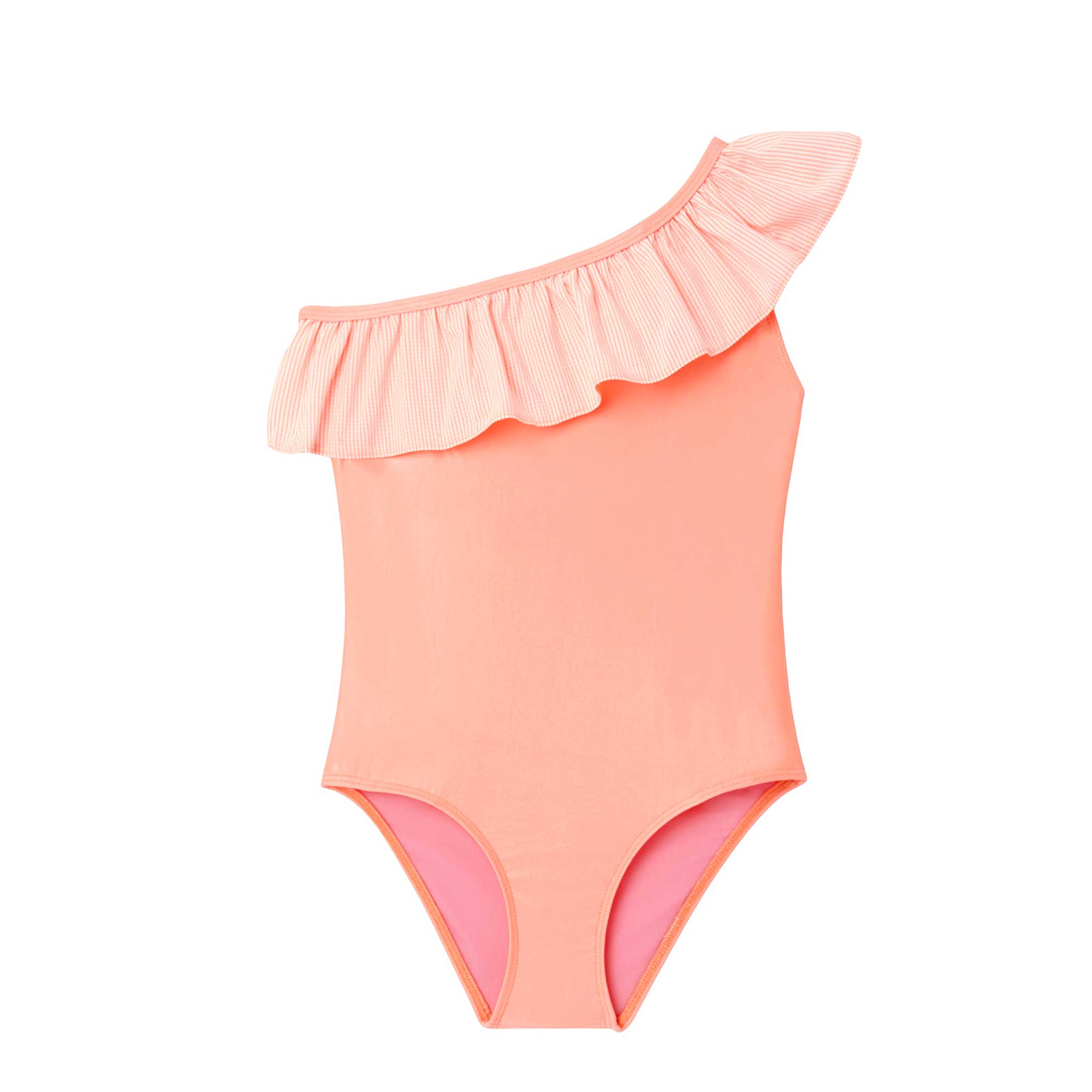 One shoulder swimsuit for girls, shiny coral