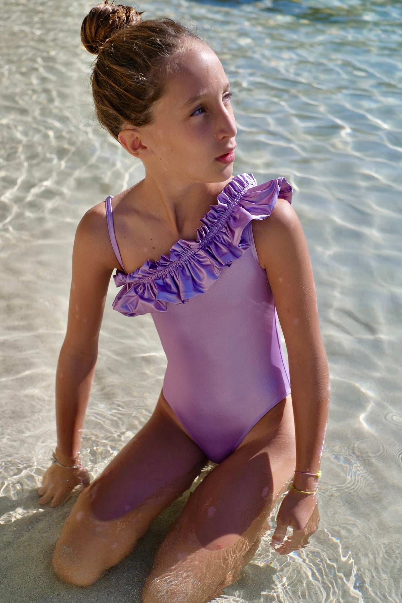 Girl's asymmetric swimsuit, iridescent lilac