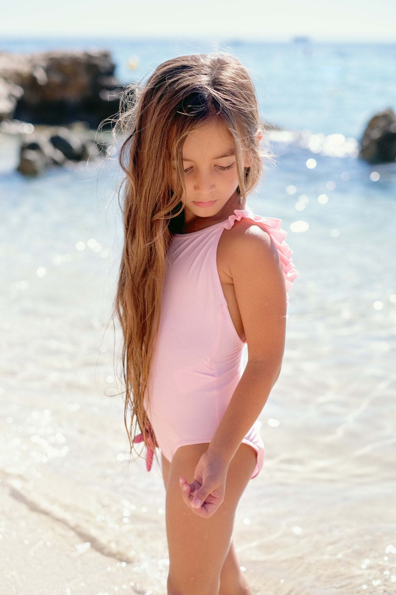 One piece girl's swimsuit, UPF50+, light pink