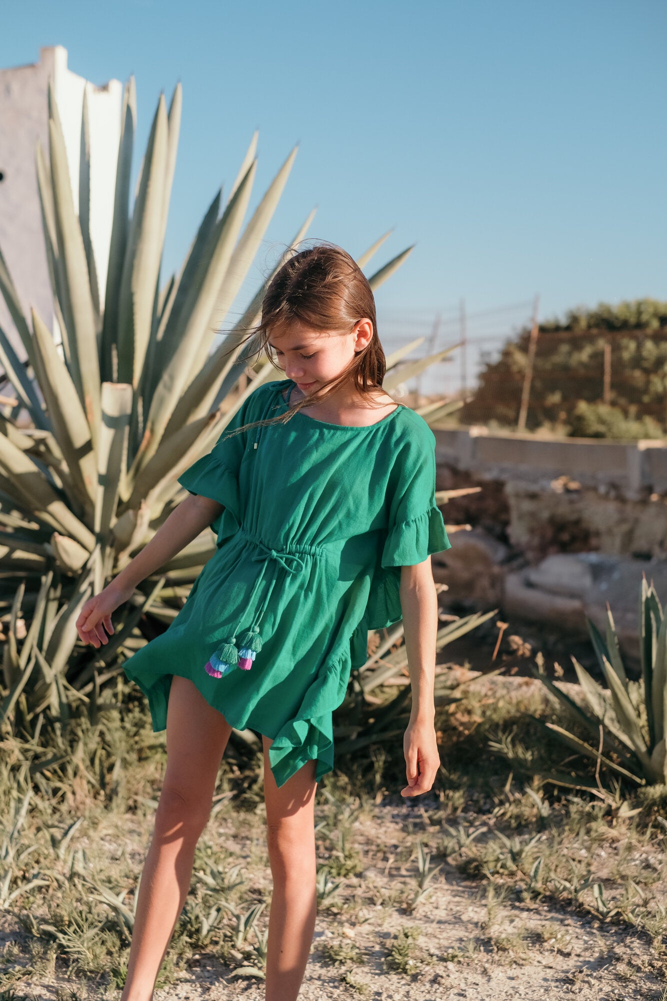 Caftan fille à pompons, vert  | LEA