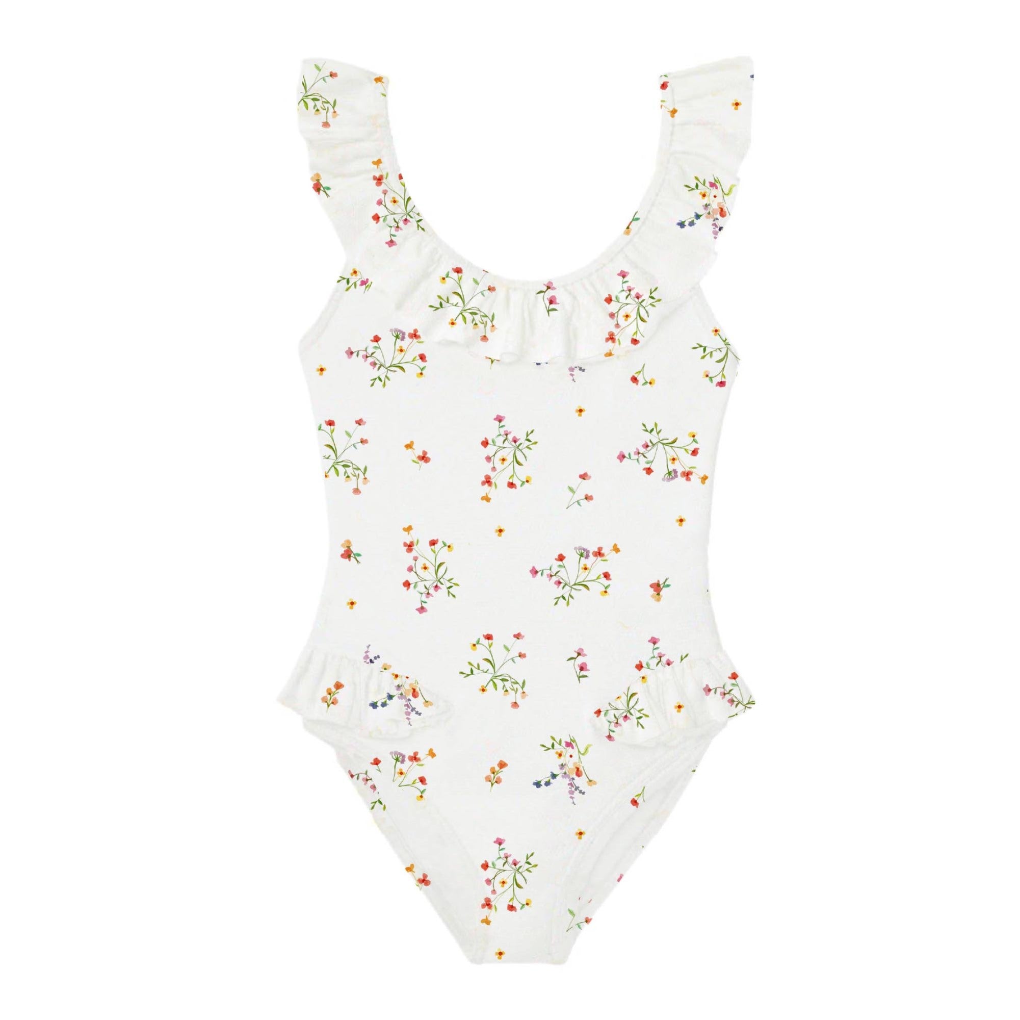 Girls' one-piece swimsuit with ruffles and flowers