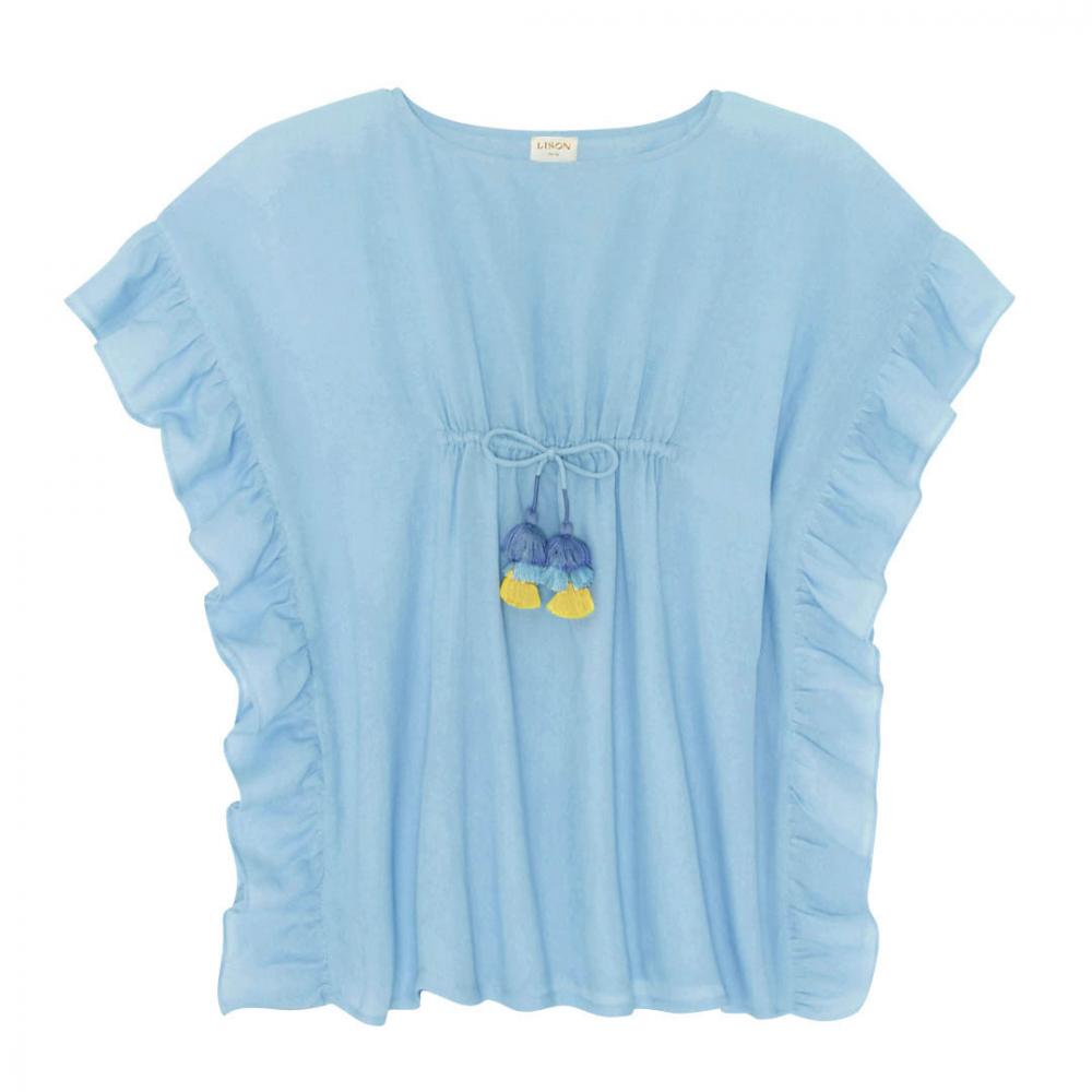 Girls' caftan with pompoms, sky blue | LEA