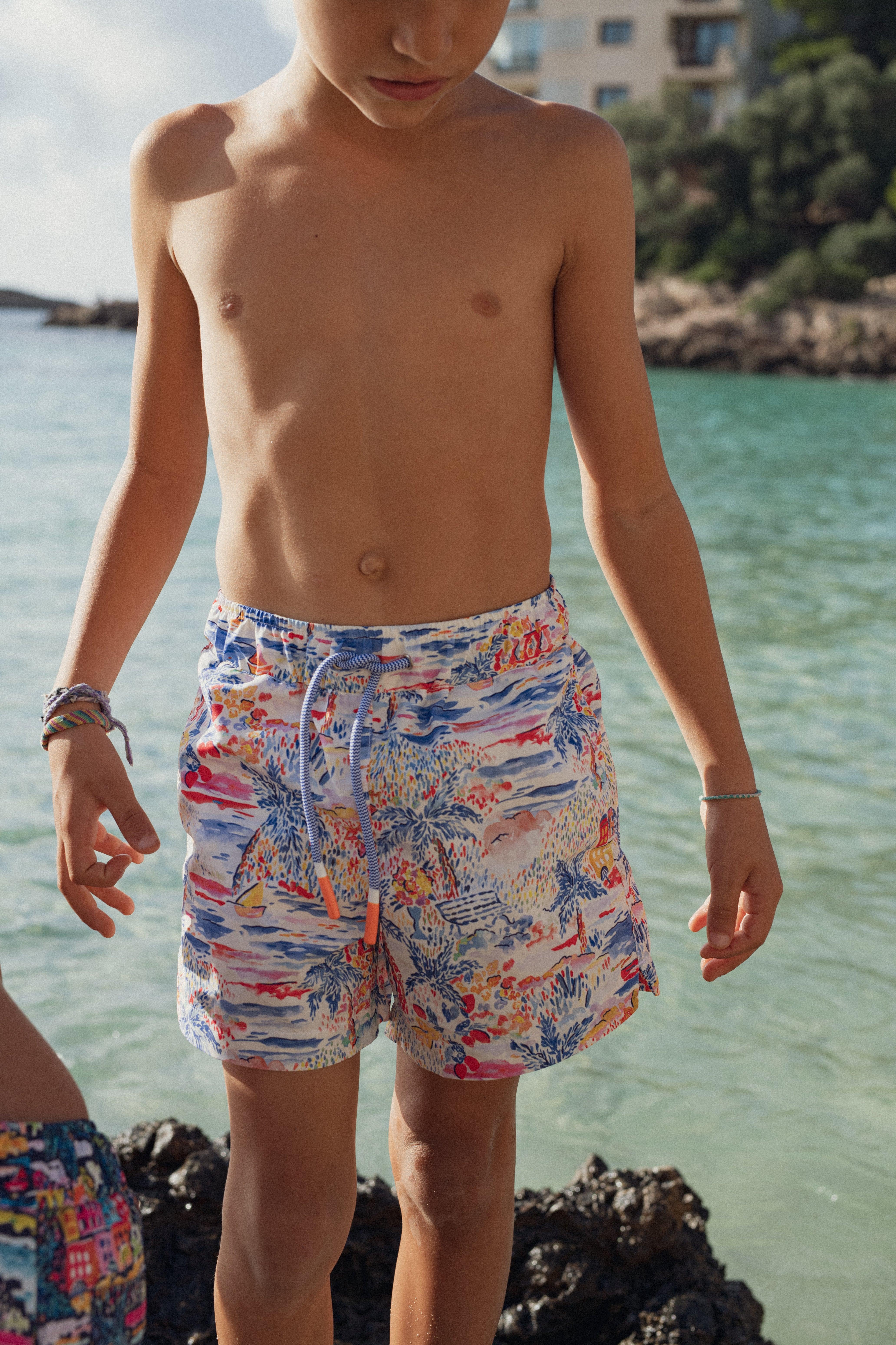 Boys' swim shorts, blue print | GIGI