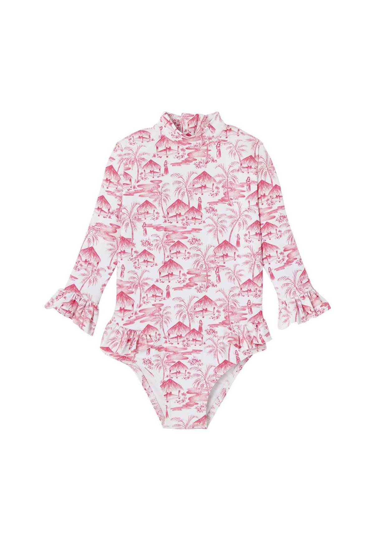 Long-sleeved baby swimming costume in pink vahine pattern