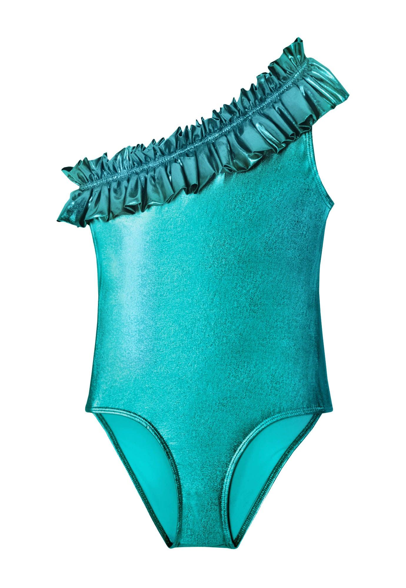 Maillot de bain asymétrique fille, émeraude iridescent | VENUS 1P