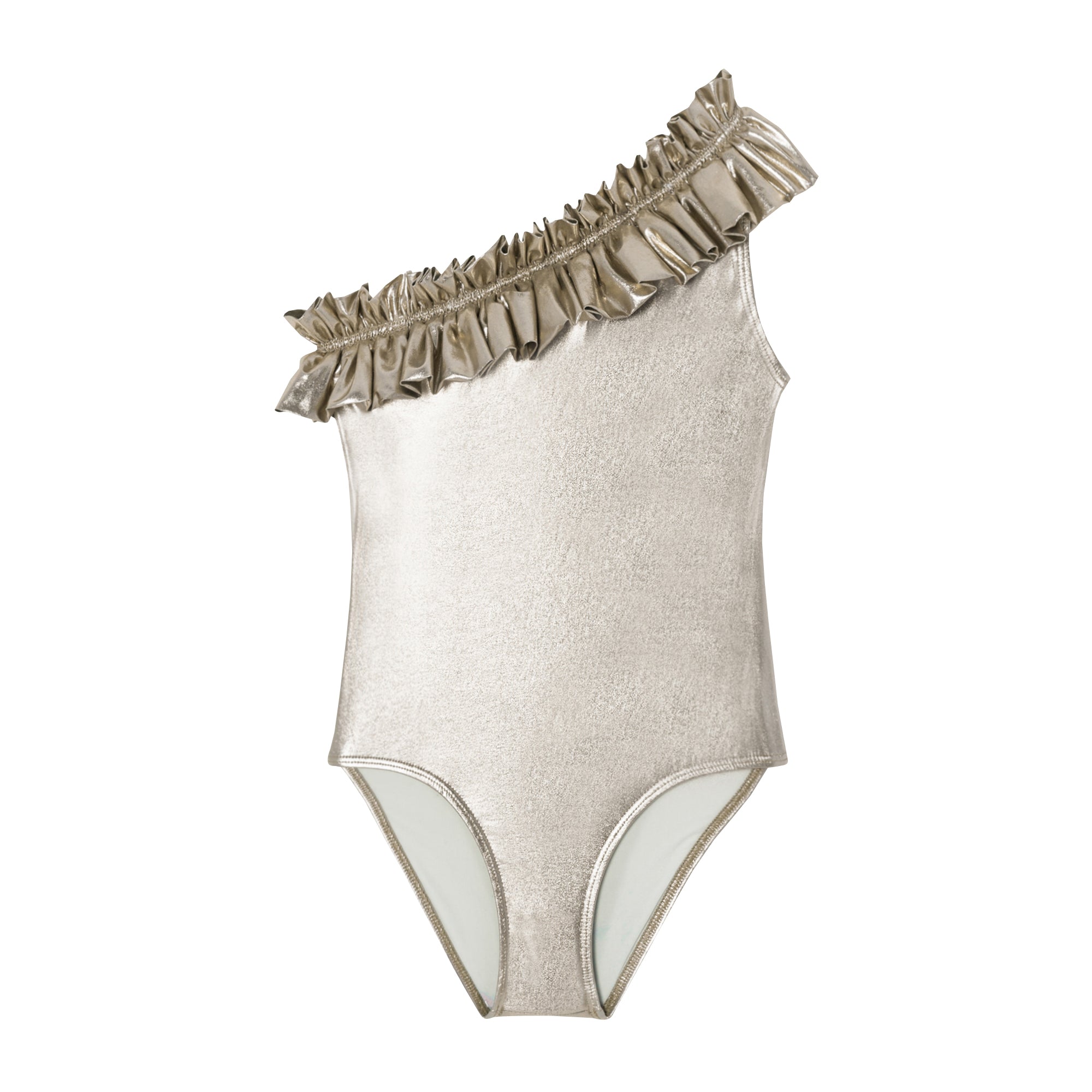 Girl's asymmetric swimsuit, iridescent silver