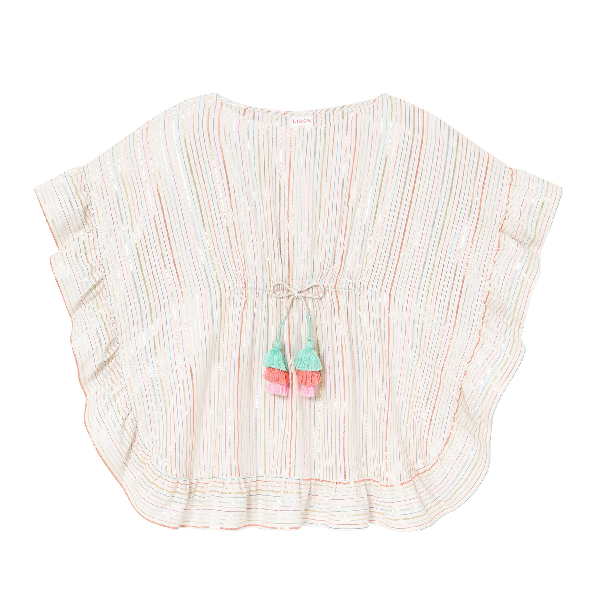 Lurex striped cover-up with pompoms