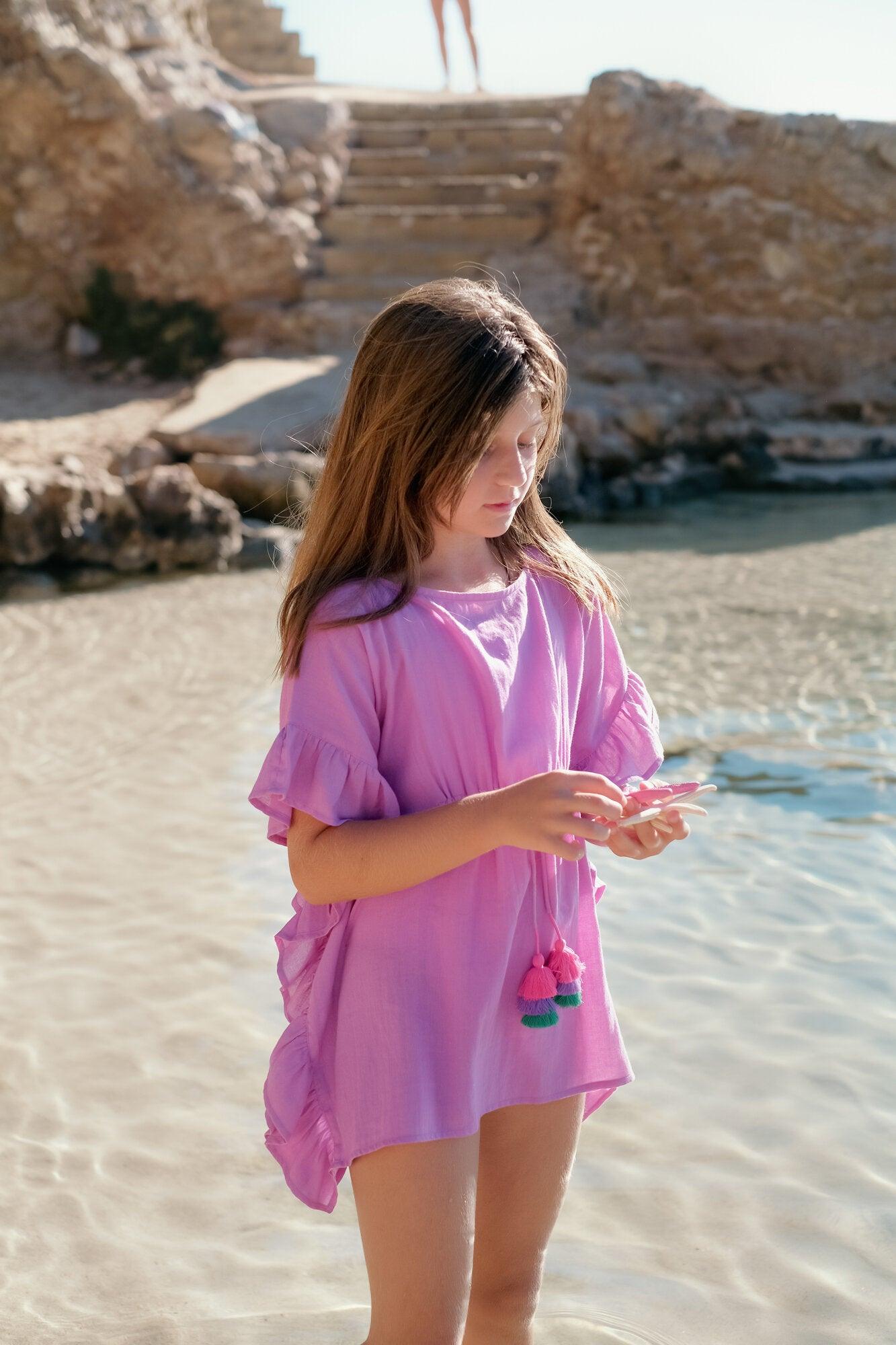 Caftan à pompons fille, violet - Lison Paris