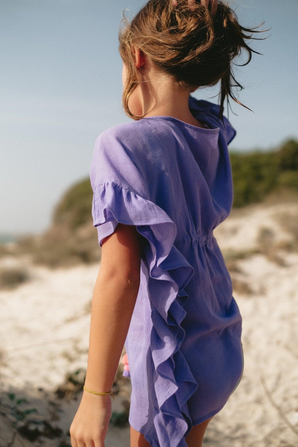 Caftan fille à pompons, violet - Lison Paris