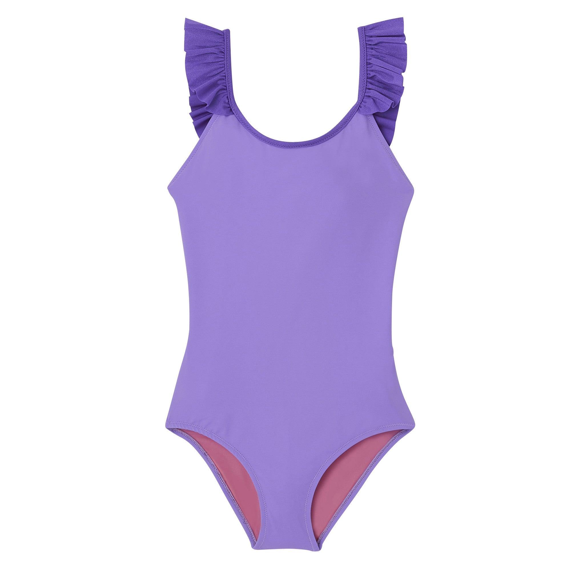 Maillot de bain une pièce fille à volants anti uv UPF50+, violet - Lison Paris