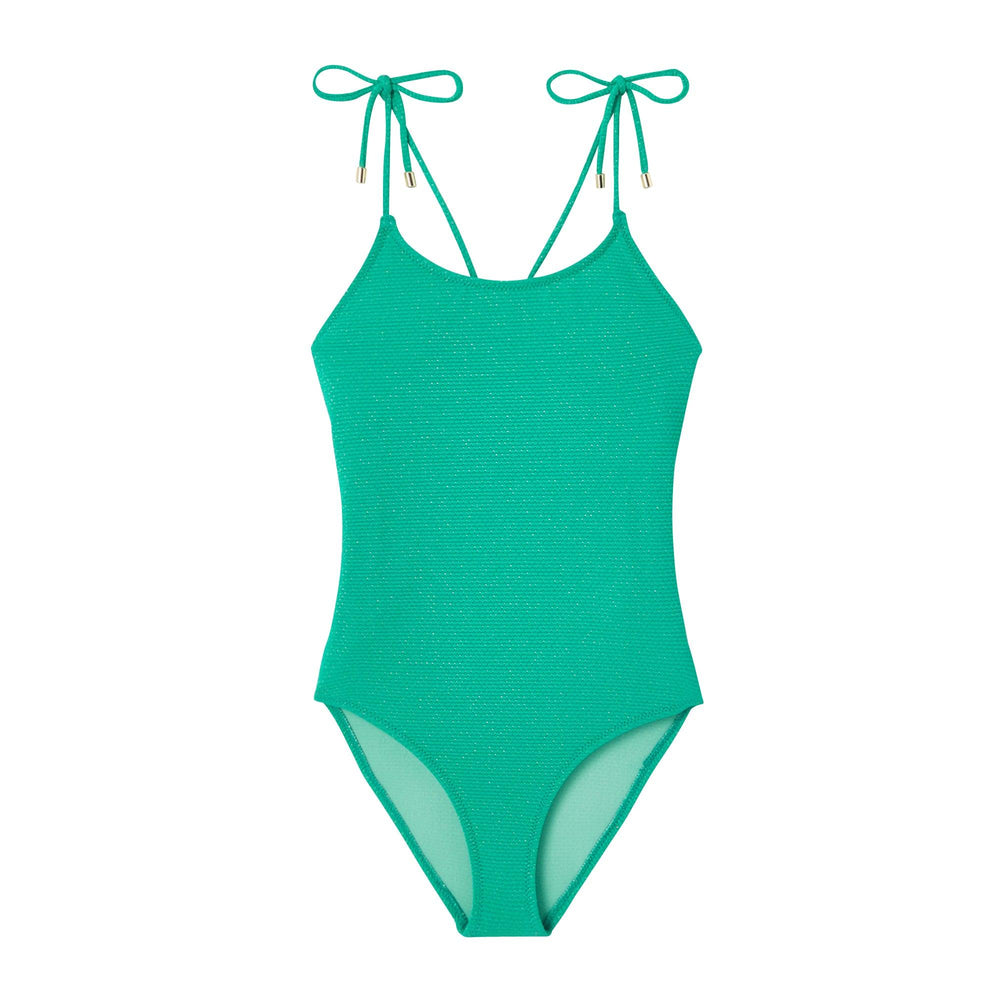 Girl's one-piece swimming costume in green/gold piqué